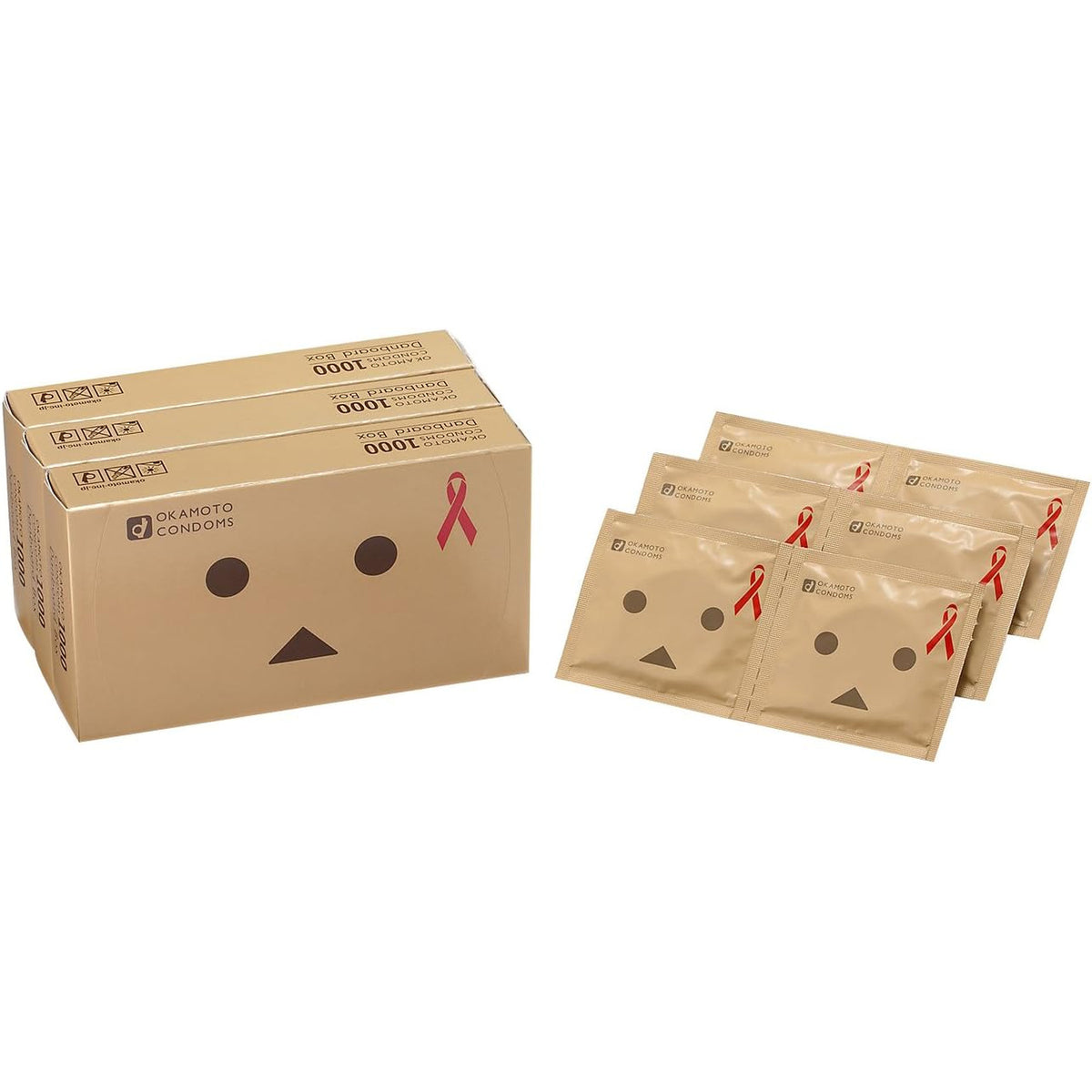 Three Okamoto Danboard condom boxes beside six illustrative individual foil wrappers