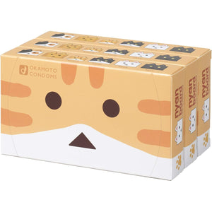 Three angled orange Okamoto Nyanbo condom boxes representing the 36-pack configuration