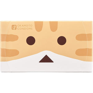 Straight-on front view of one orange Okamoto Nyanbo condom box with cat-face artwork