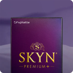 Close-up of purple SKYN Premium+ iR condom packaging