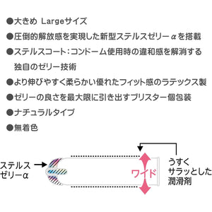 Japanese feature-summary graphic for JEX ZONE Premium Large condoms