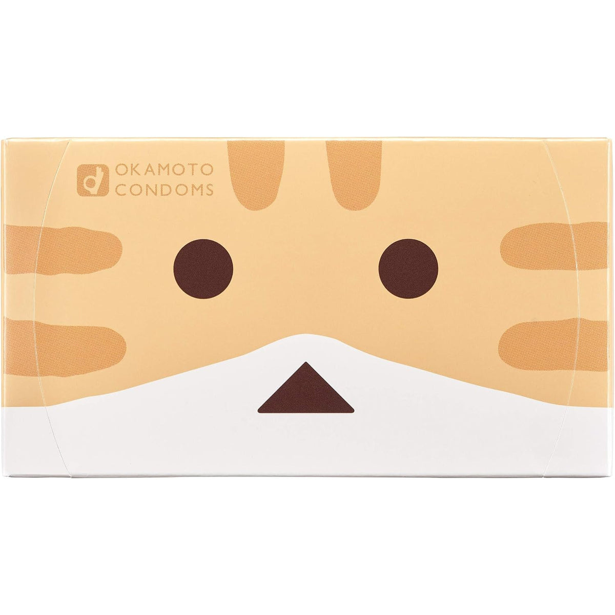 Straight-on front view of one orange Okamoto Nyanbo condom box with cat-face artwork