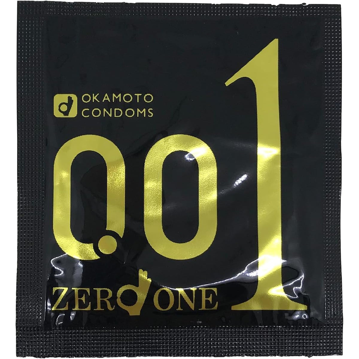 Black-and-gold Okamoto Zero One individual condom foil packet