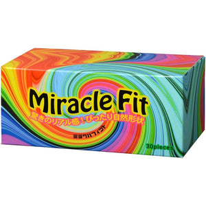 Three-quarter front view of the multicolour Sagami Miracle Fit thirty-pack condom box