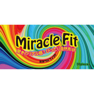 Front artwork of the multicolour Sagami Miracle Fit thirty-pack condom box