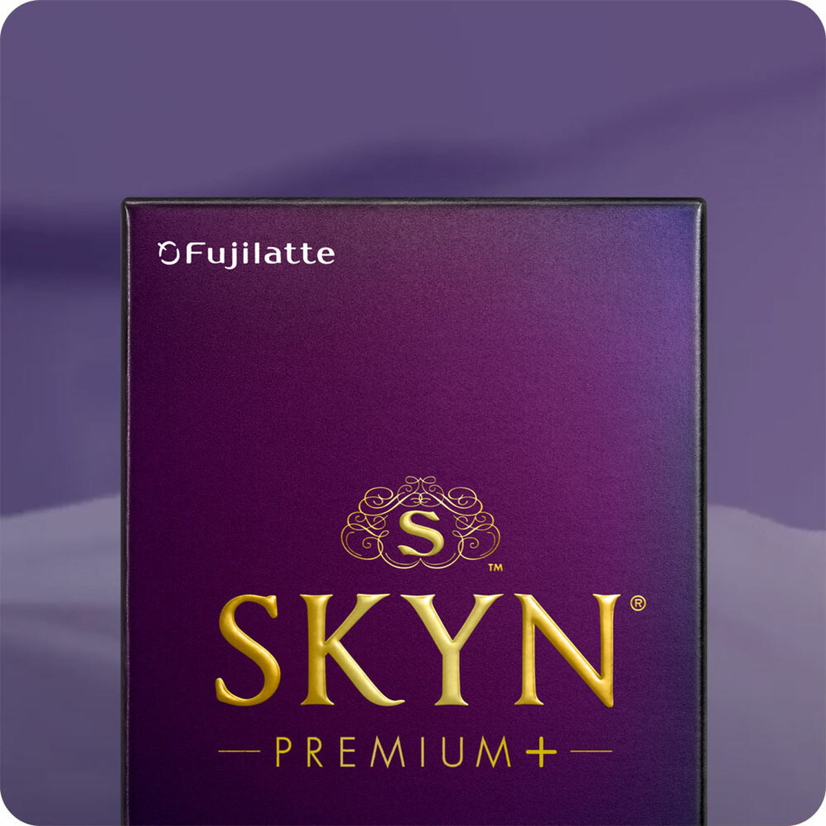 Close-up of purple SKYN Premium+ iR condom packaging